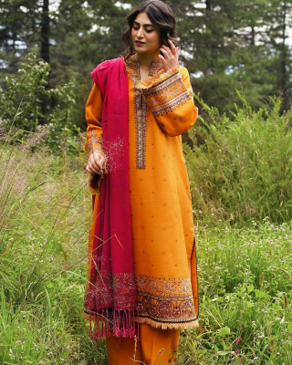 3PC Embroidered Linen with Printed Shawl - GA1755