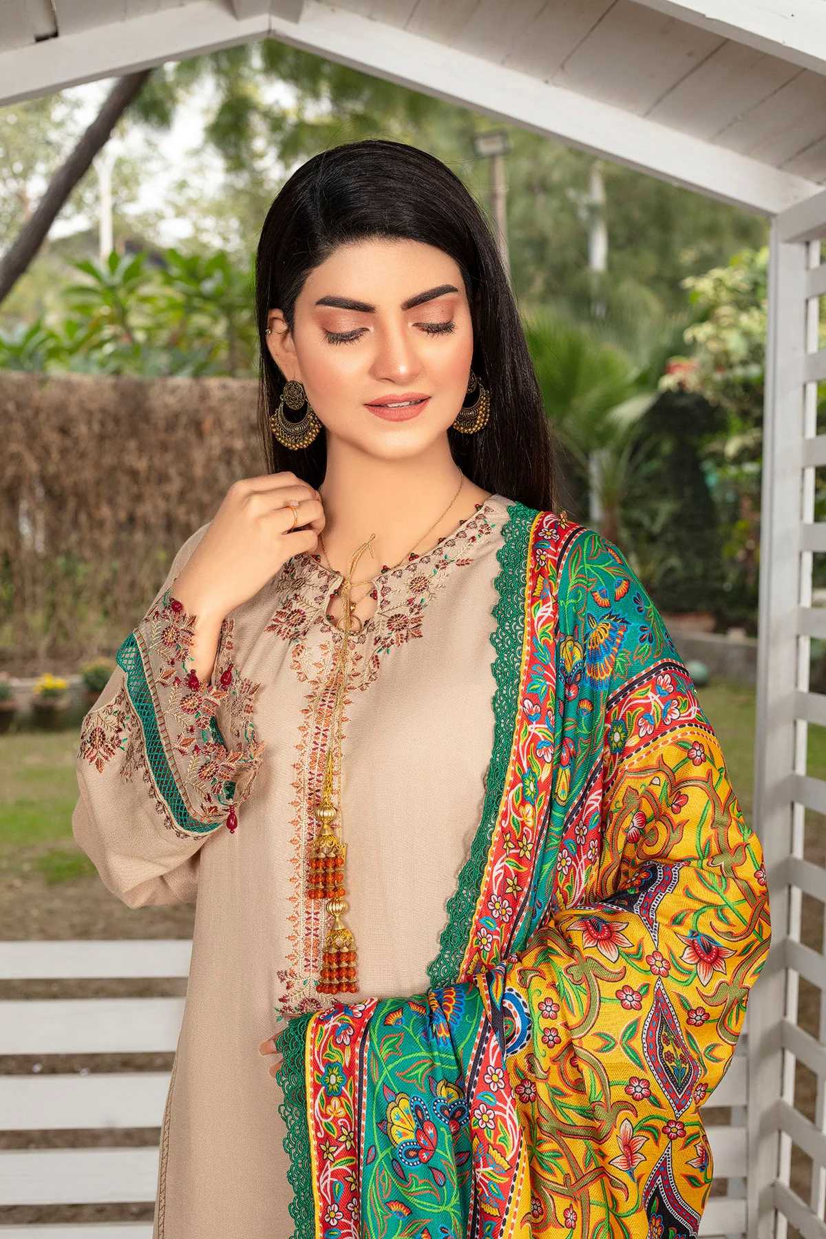 Farsiris Luxury Embroidered Dhanak 3pc With Printed Whool Shawal-GA1933 Farsiris Luxury Embroidered Dhanak 3pc With Printed Whool Shawal-GA1933