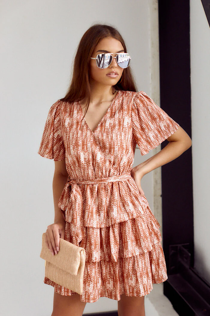 Decker Short Sleeve Printed Tiered Dress