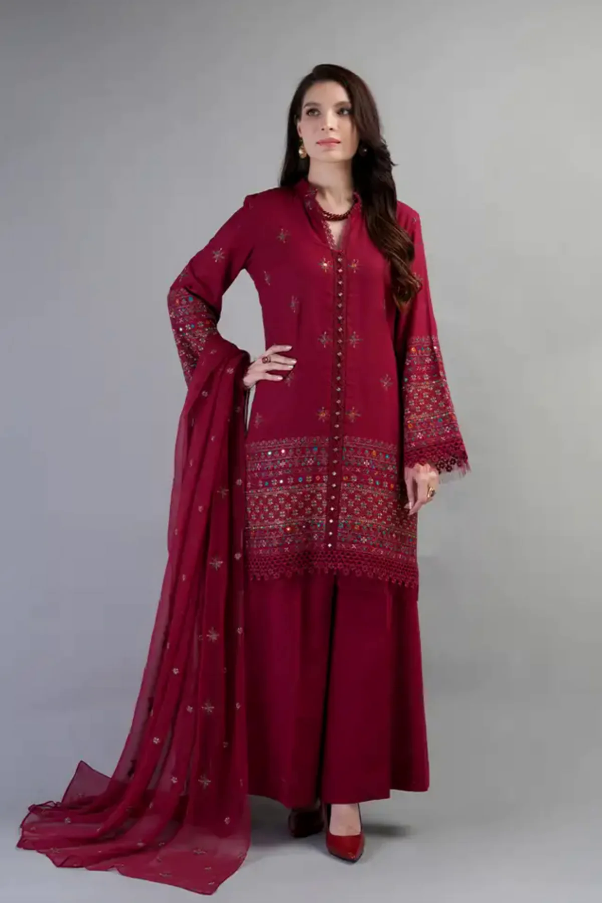 Embroidered Lawn 3pc with Embroidered Crinkle Chiffon Dupatta- GA2025