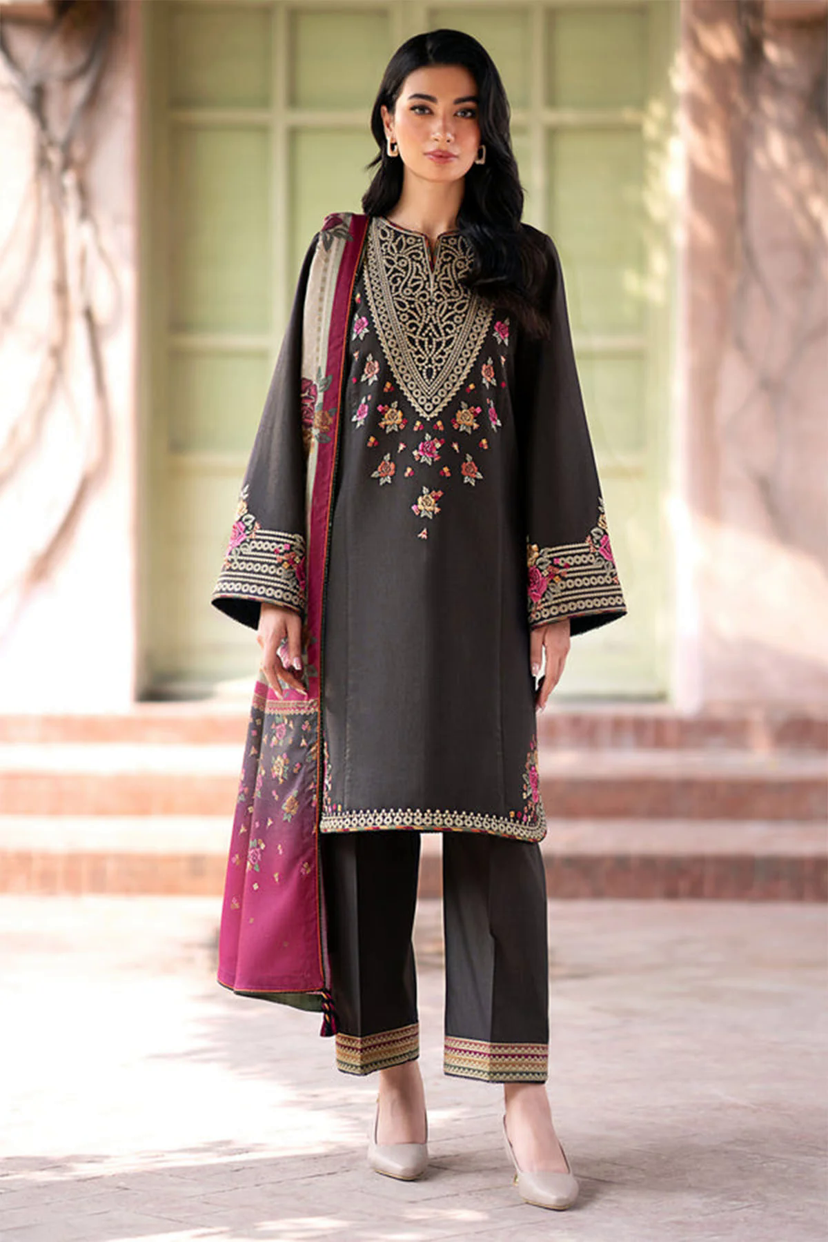 Embroidered Dhanak 3pc with Whool Shawal- GA1969