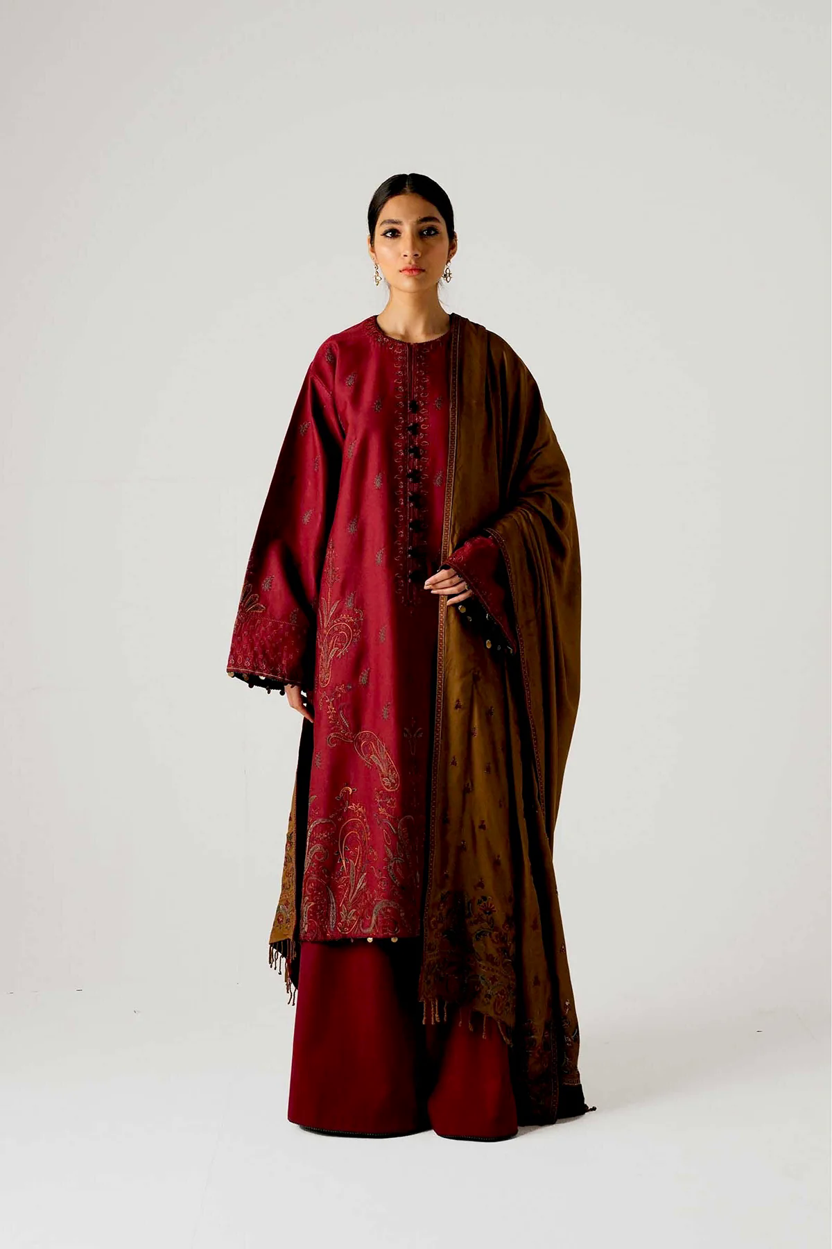 3PC Embroidered Dhanak with Printed Shawl - GA1797