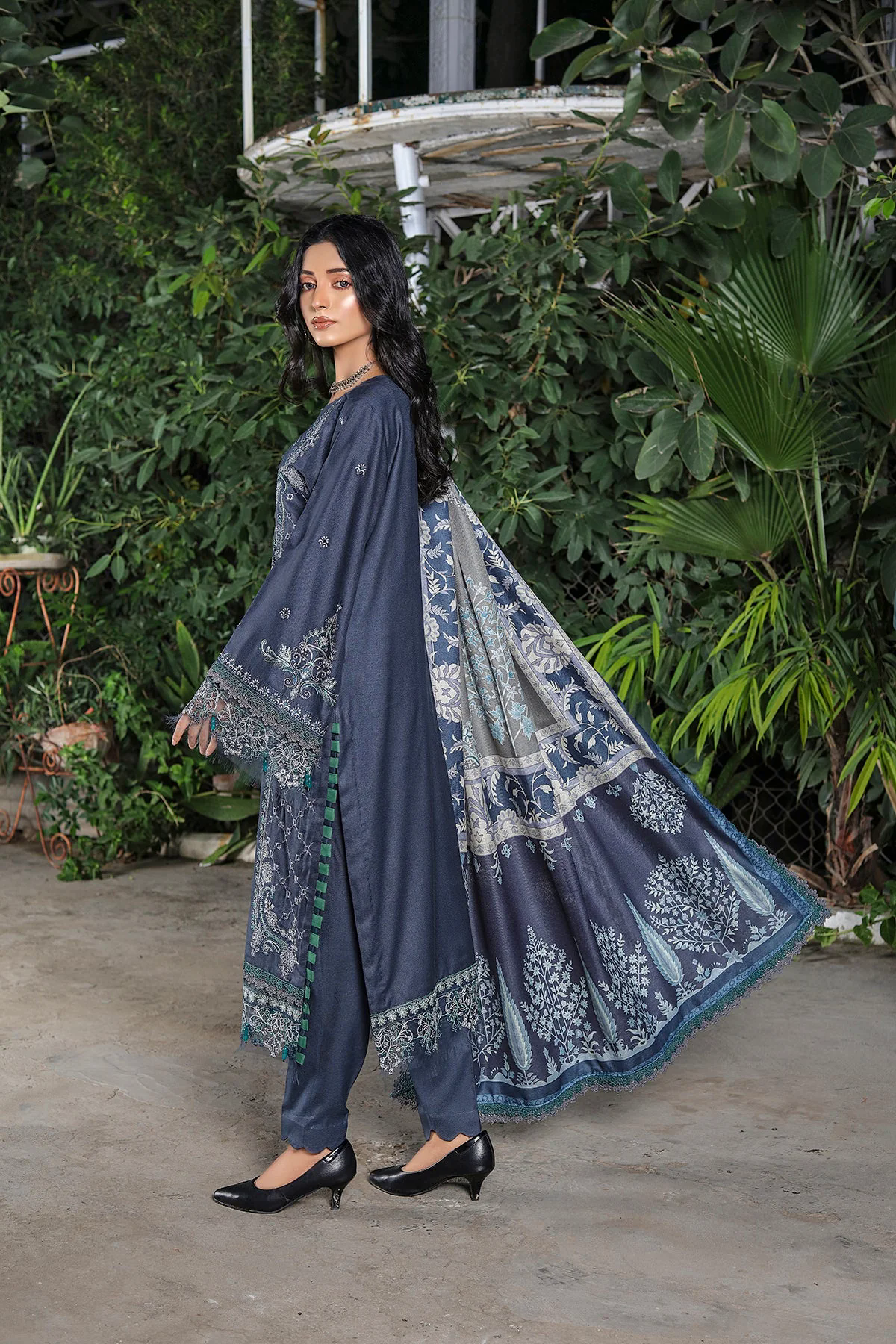 Samoan Embroidered Dhanak 3Pc With Printed Shawal -GA1926 Samoan Embroidered Dhanak 3Pc With Printed Shawal -GA1926