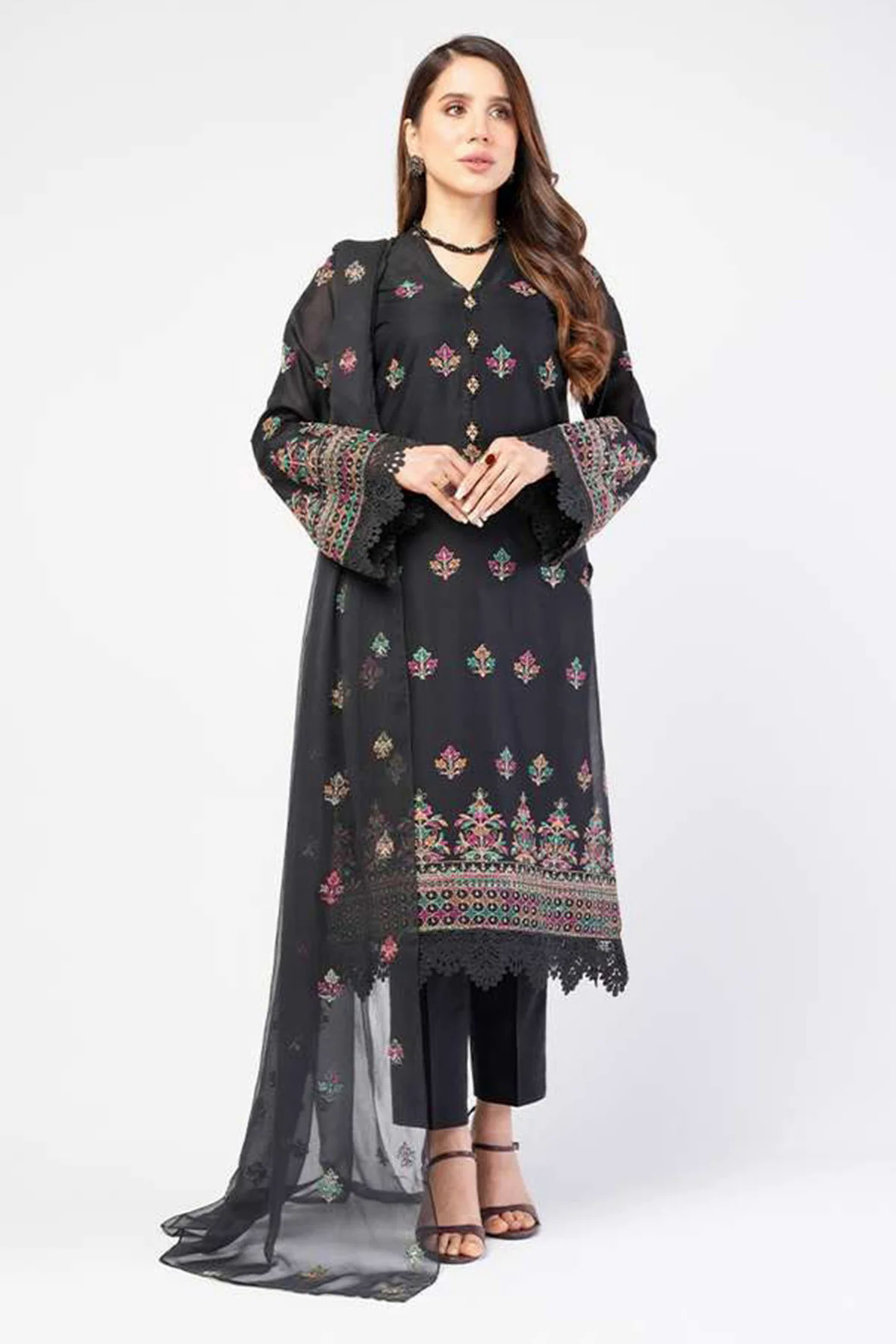 Embroidered Lawn 3pc with Embroidered Chiffon Dupatta- GA1992