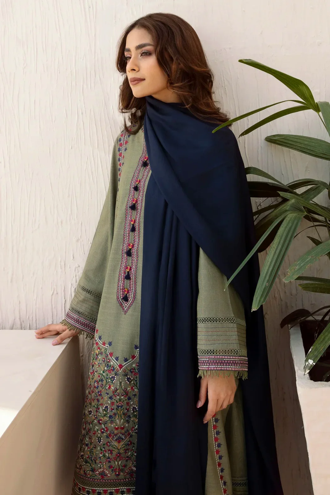 3PC Embroidered Dhanak with  Shawl - GA1796