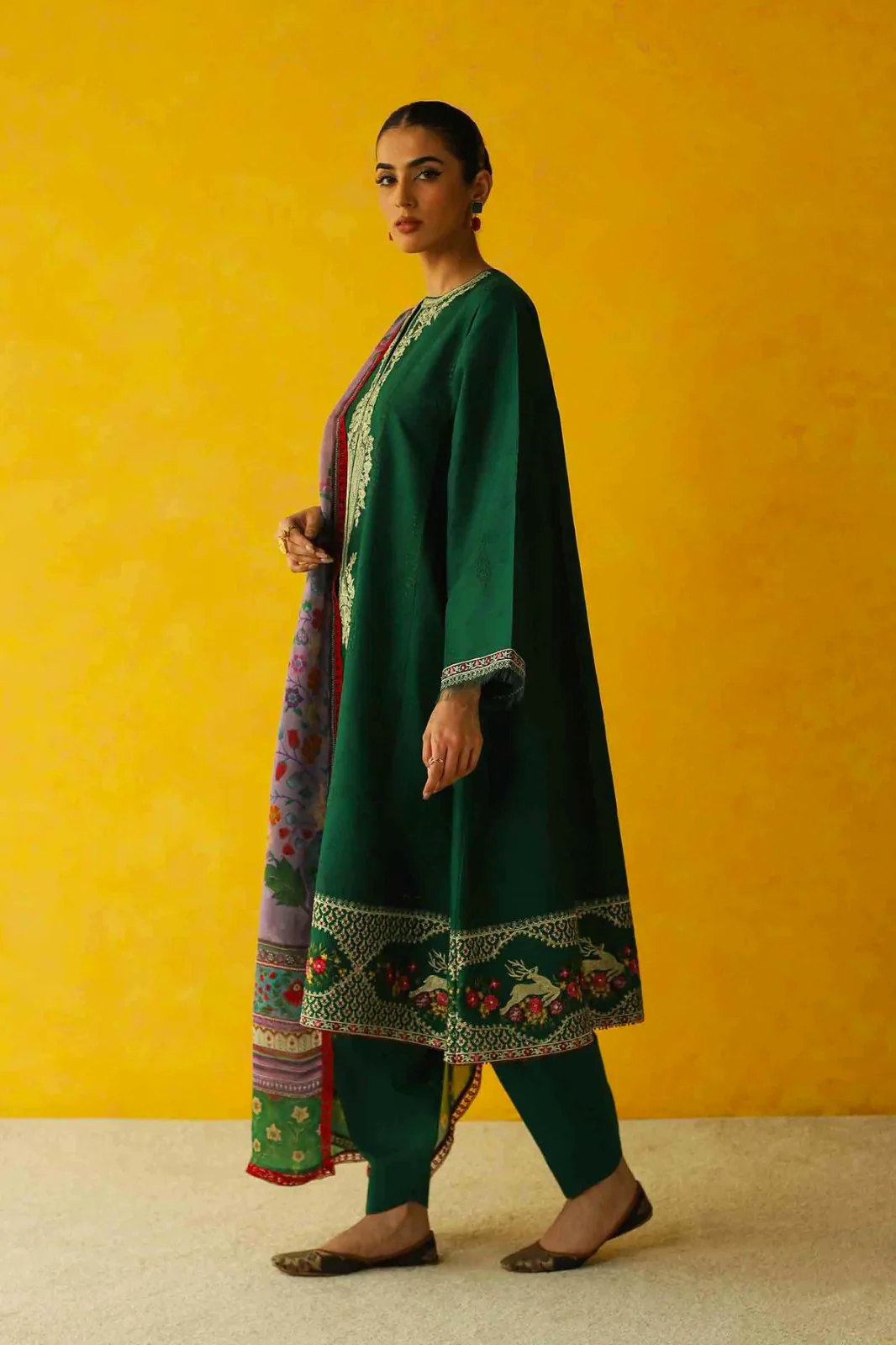 3PC Embroidered Dhanak with Whool Shawl - GA1764