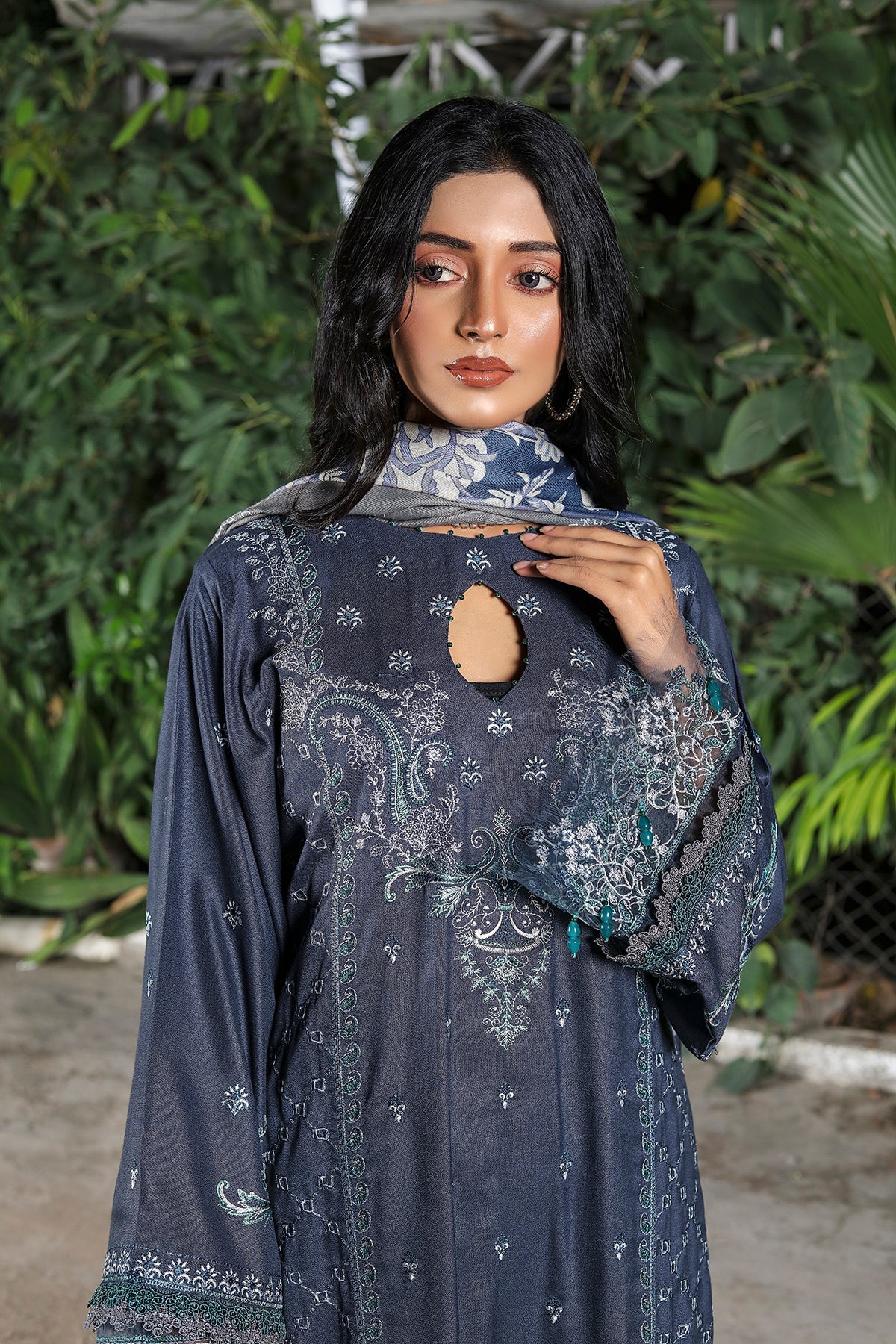 Samoan Embroidered Dhanak 3Pc With Printed Shawal -GA1926 Samoan Embroidered Dhanak 3Pc With Printed Shawal -GA1926