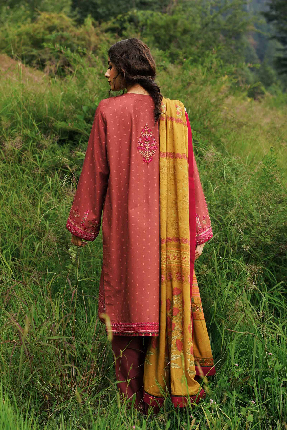 3PC Embroidered Linen with Embroidered Whool Shawl - GA1757