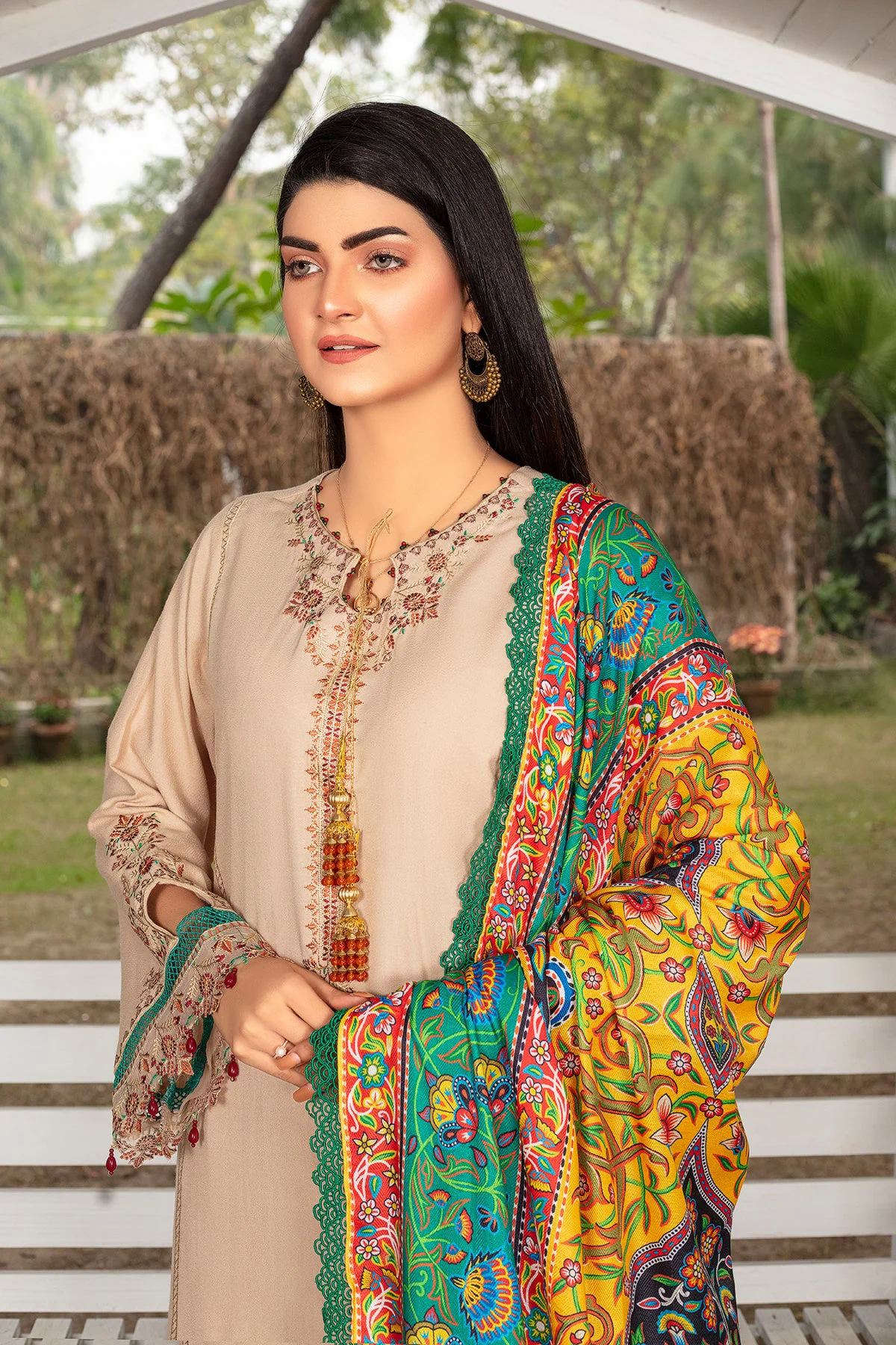 Farsiris Luxury Embroidered Dhanak 3pc With Printed Whool Shawal-GA1933 Farsiris Luxury Embroidered Dhanak 3pc With Printed Whool Shawal-GA1933