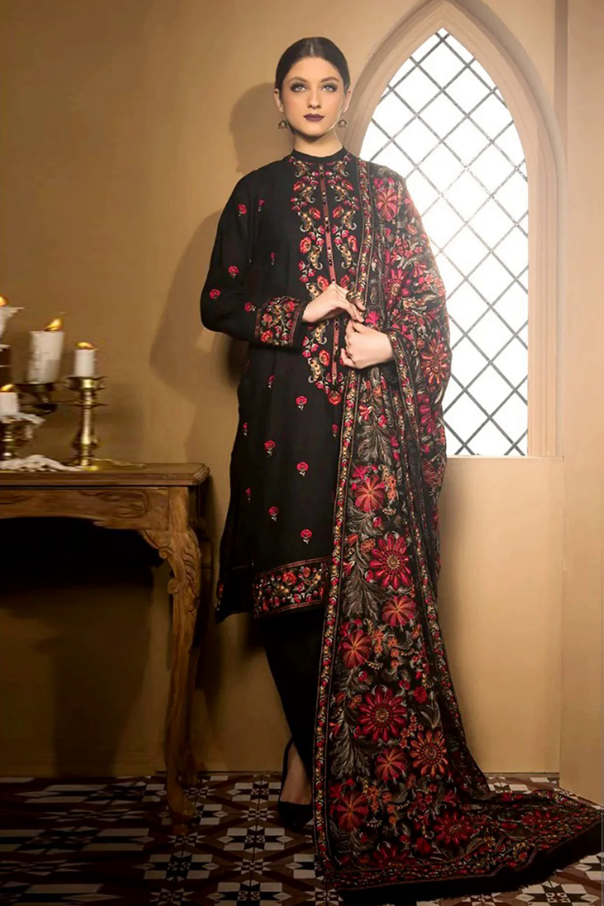 3PC Embroidered Dhanak Suit with Heavy Embroidered Shawal -GA102139