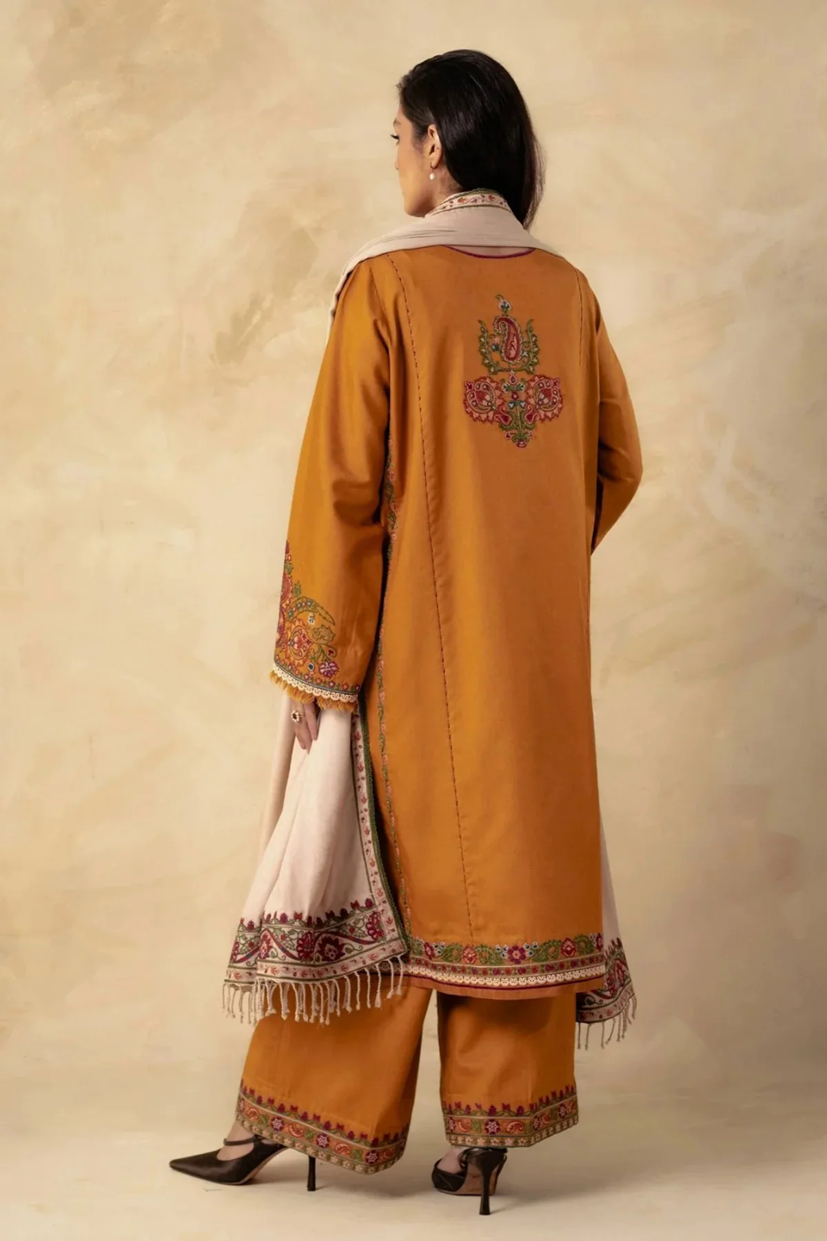 3PC Embroidered Dhanak with Dhanak Embroidered Shawl - GA1774