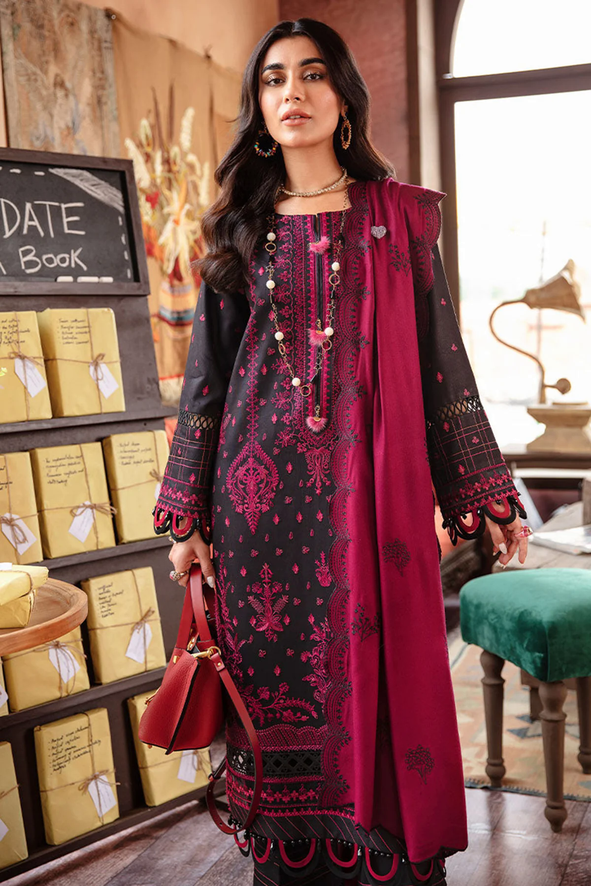 3PC Embroidered Dhanak with Embroidered Dhanak Shawl - GA1762