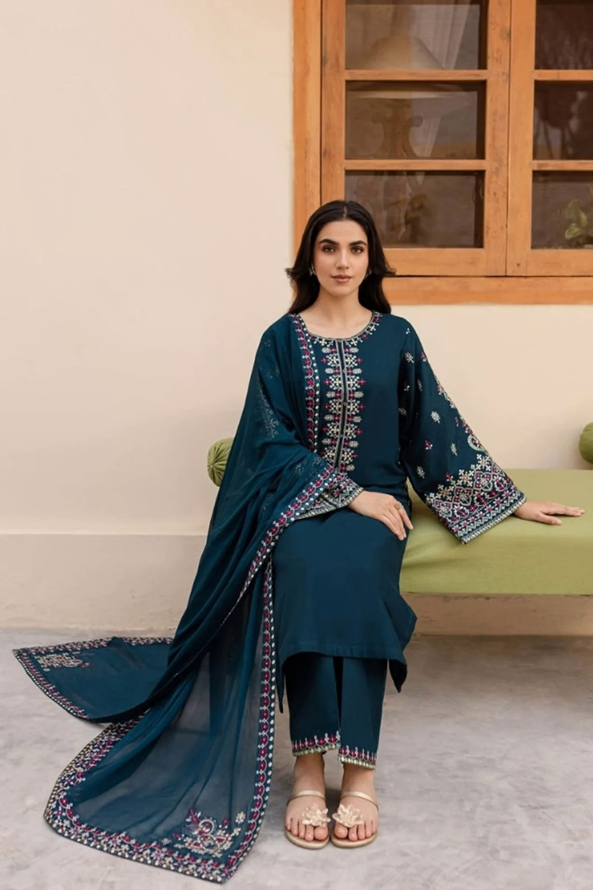 Batik Embroidered Lawn 3pc with Embroidered Chiffon Dupatta- GA2029