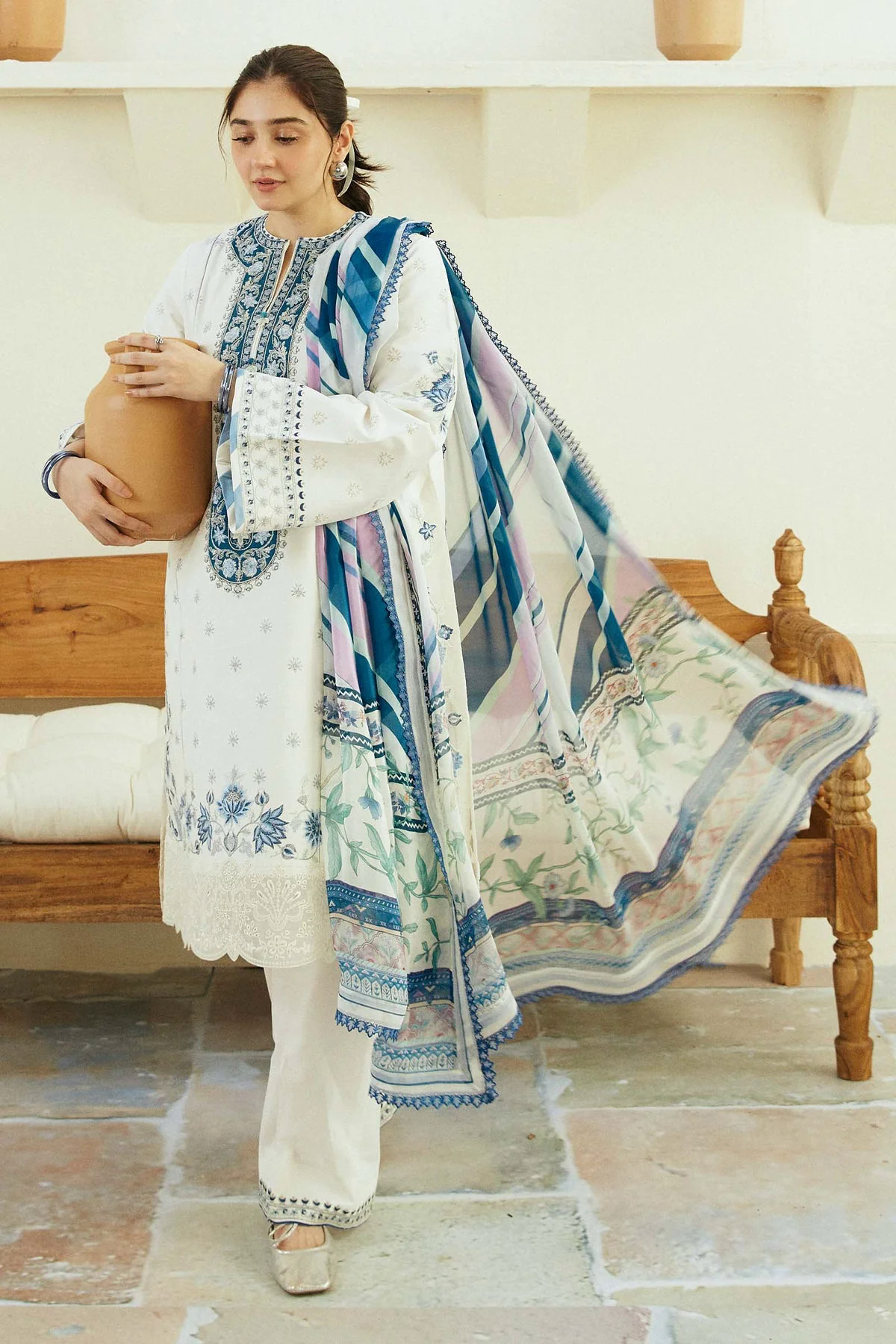 Embroidered Lawn 3pc with Silk Printed Chiffon Dupatta - GA1888