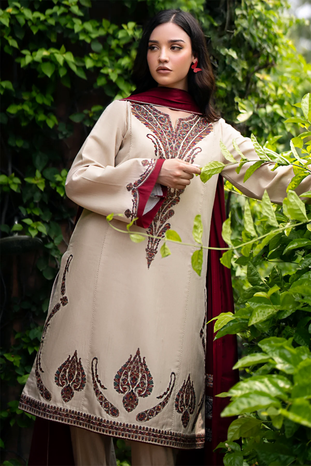 Embroidered Dhanak 3pc with Whool Shawal- GA1972