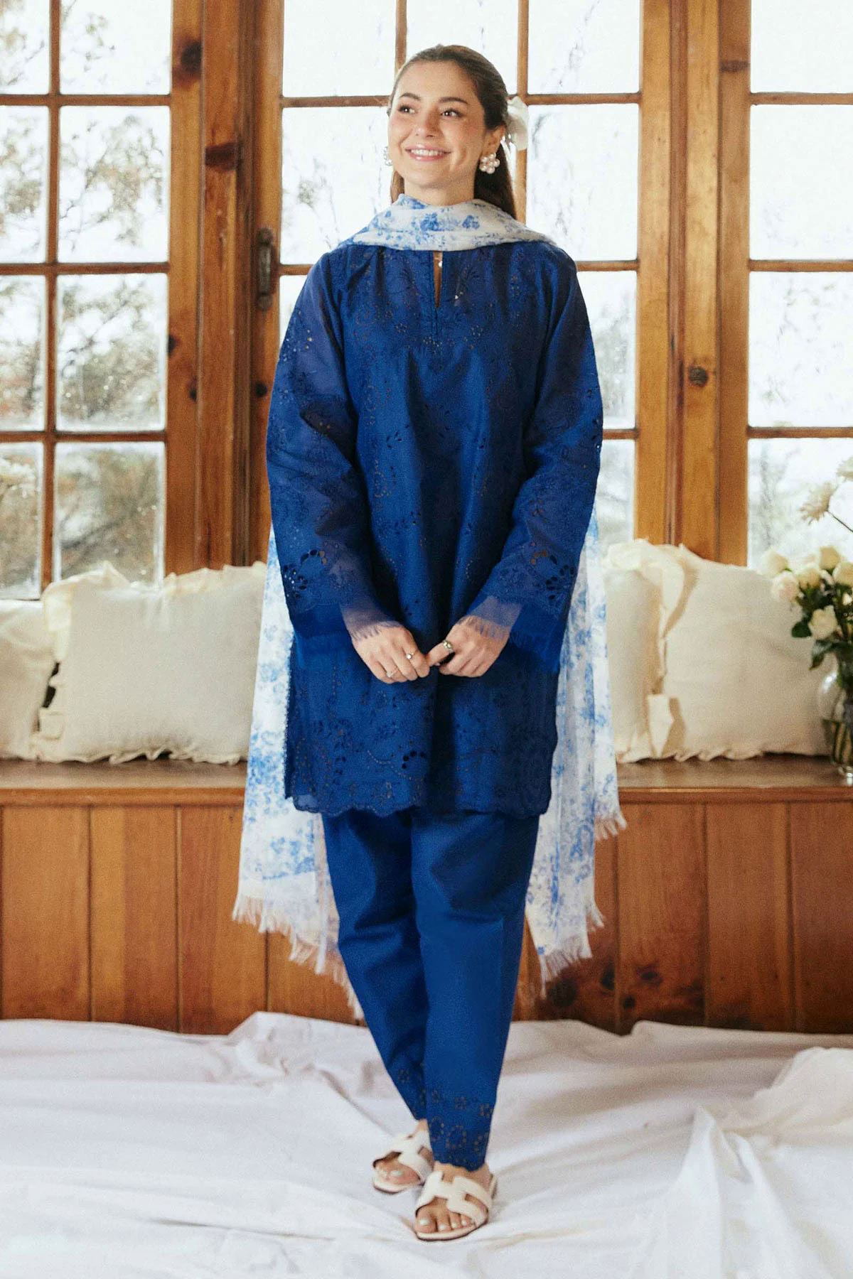 Embroidered Lawn 3pc with Printed Slub Net Dupatta- GA1897