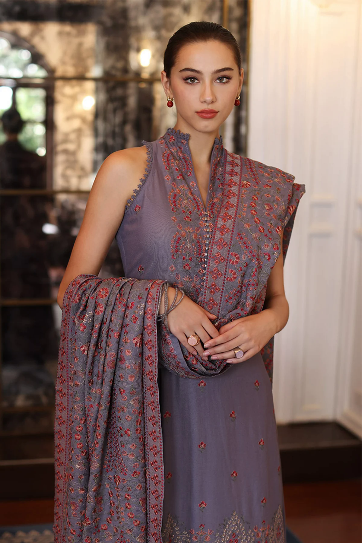 3PC Embroidered Dhanak with Embroidered Dhanak Shawl - GA1778