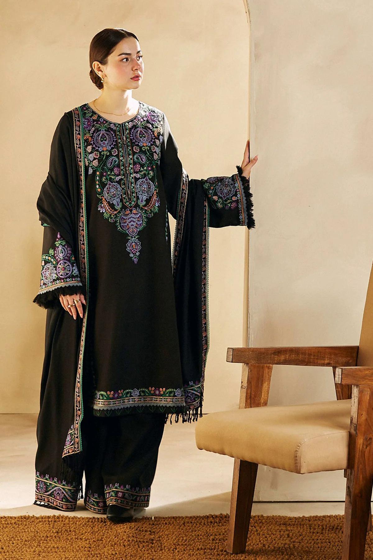 3PC Embroidered Dhanak with Embroidered Dhanak Shawl - GA1782