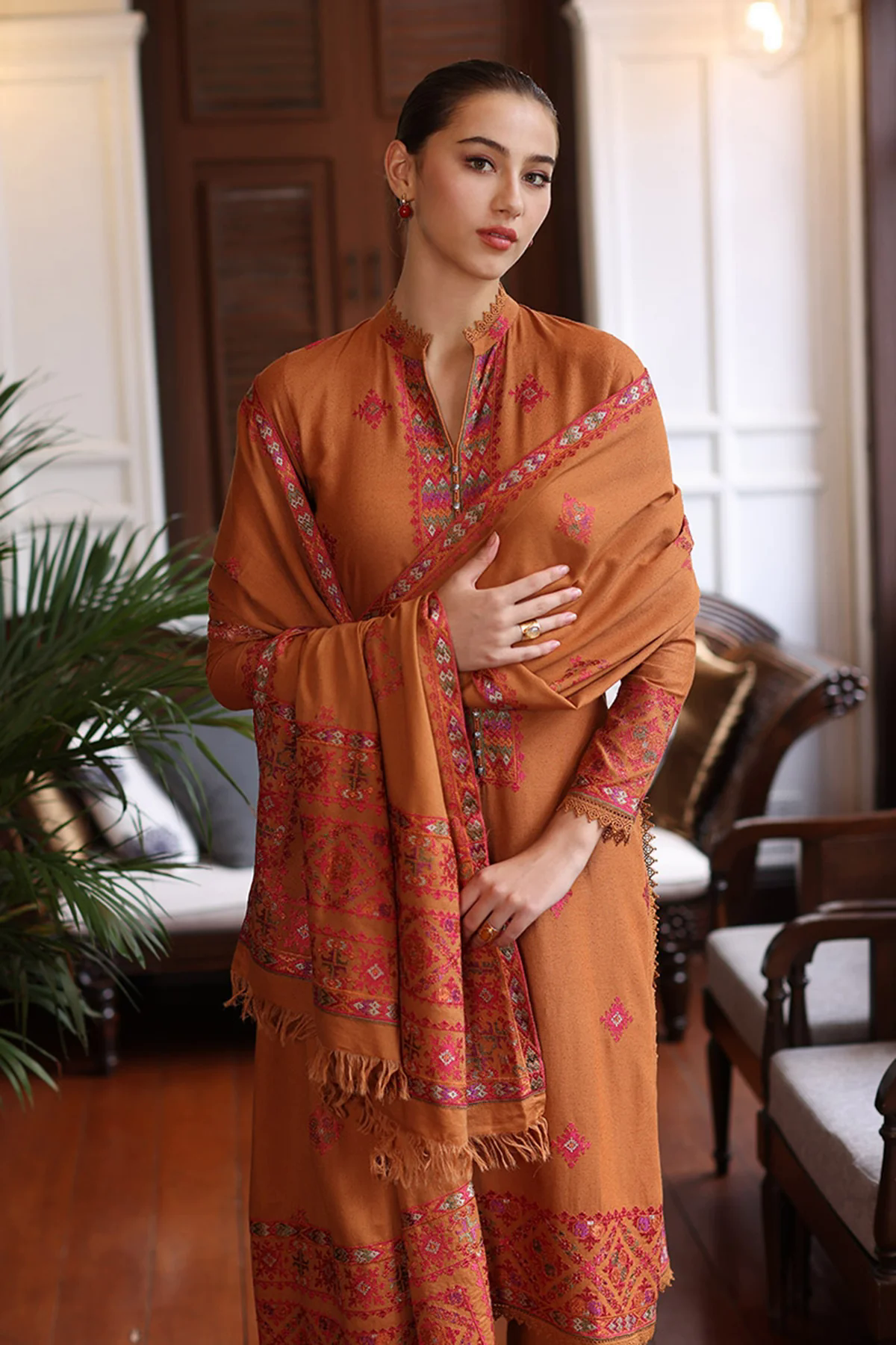 3PC Embroidered Dhanak with Embroidered Shawl - GA1787