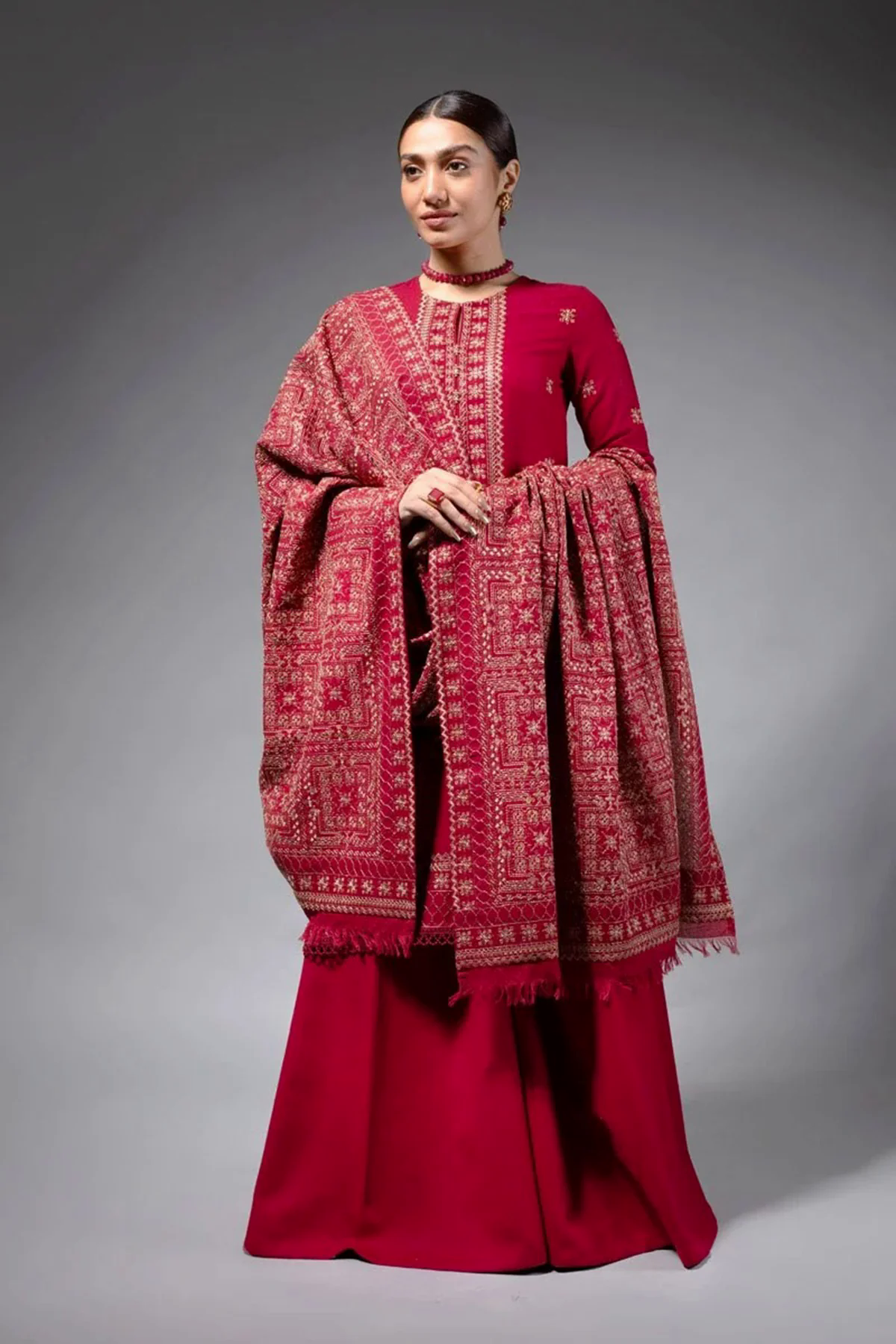 3PC Embroidered Dhanak with Embroidered Dhanak Shawl - GA1777