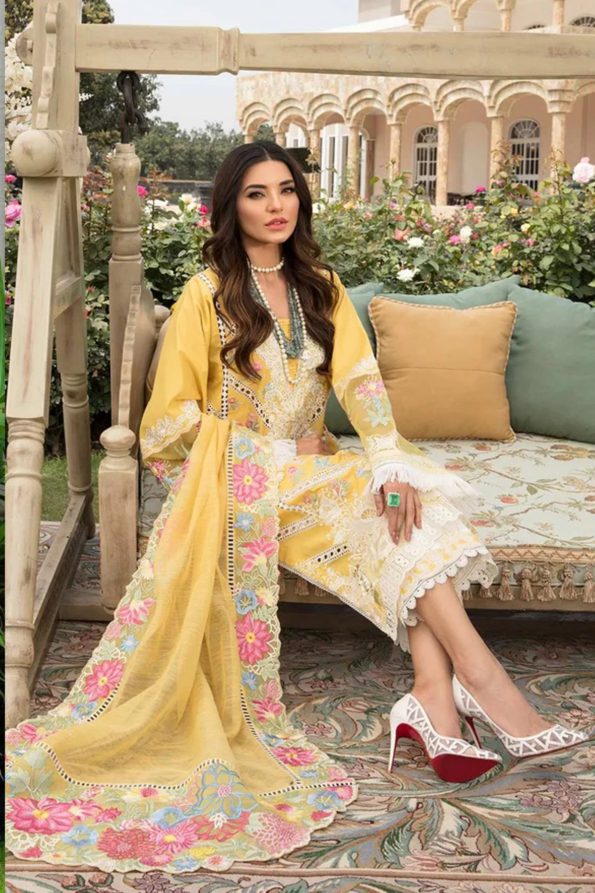 Crimson Yellow Embroidered Lawn 3pc with Embroidered Slub Net dupatta-GA2020