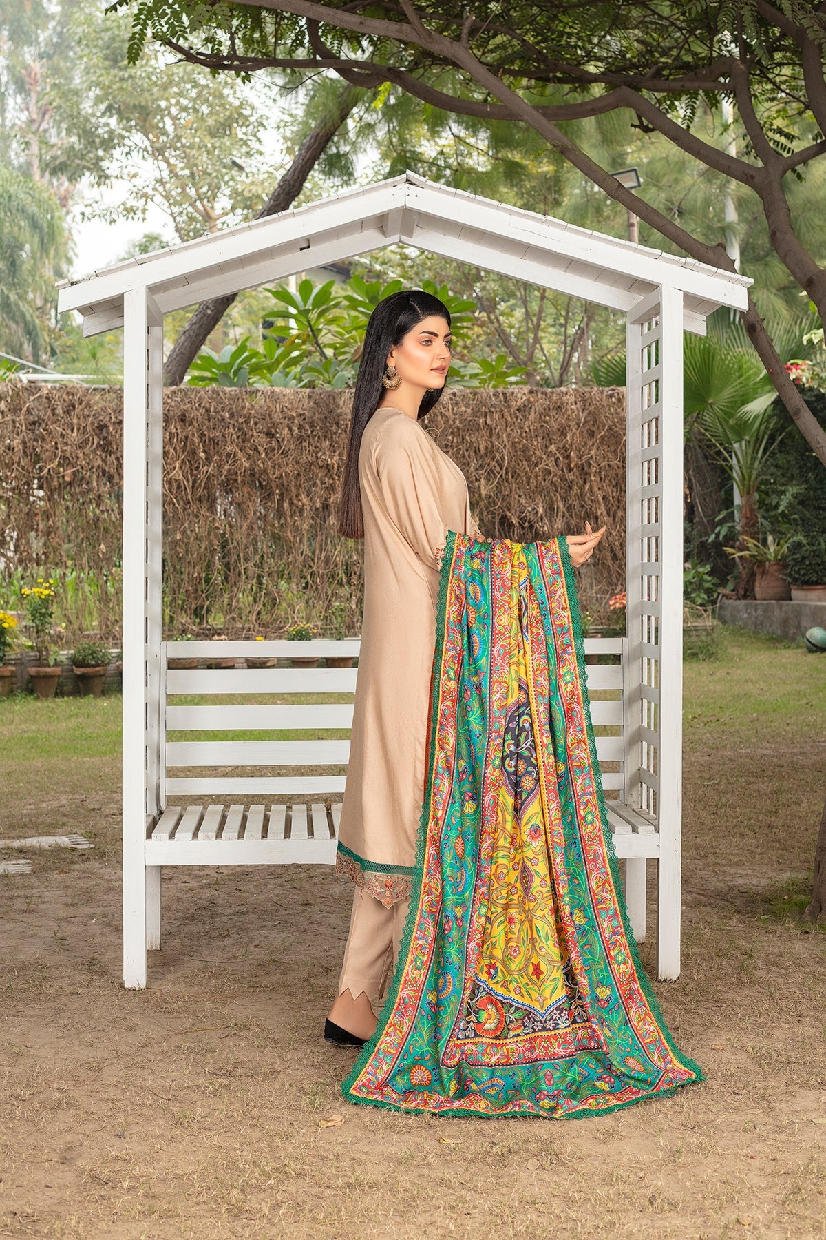 Farsiris Luxury Embroidered Dhanak 3pc With Printed Whool Shawal-GA1933 Farsiris Luxury Embroidered Dhanak 3pc With Printed Whool Shawal-GA1933