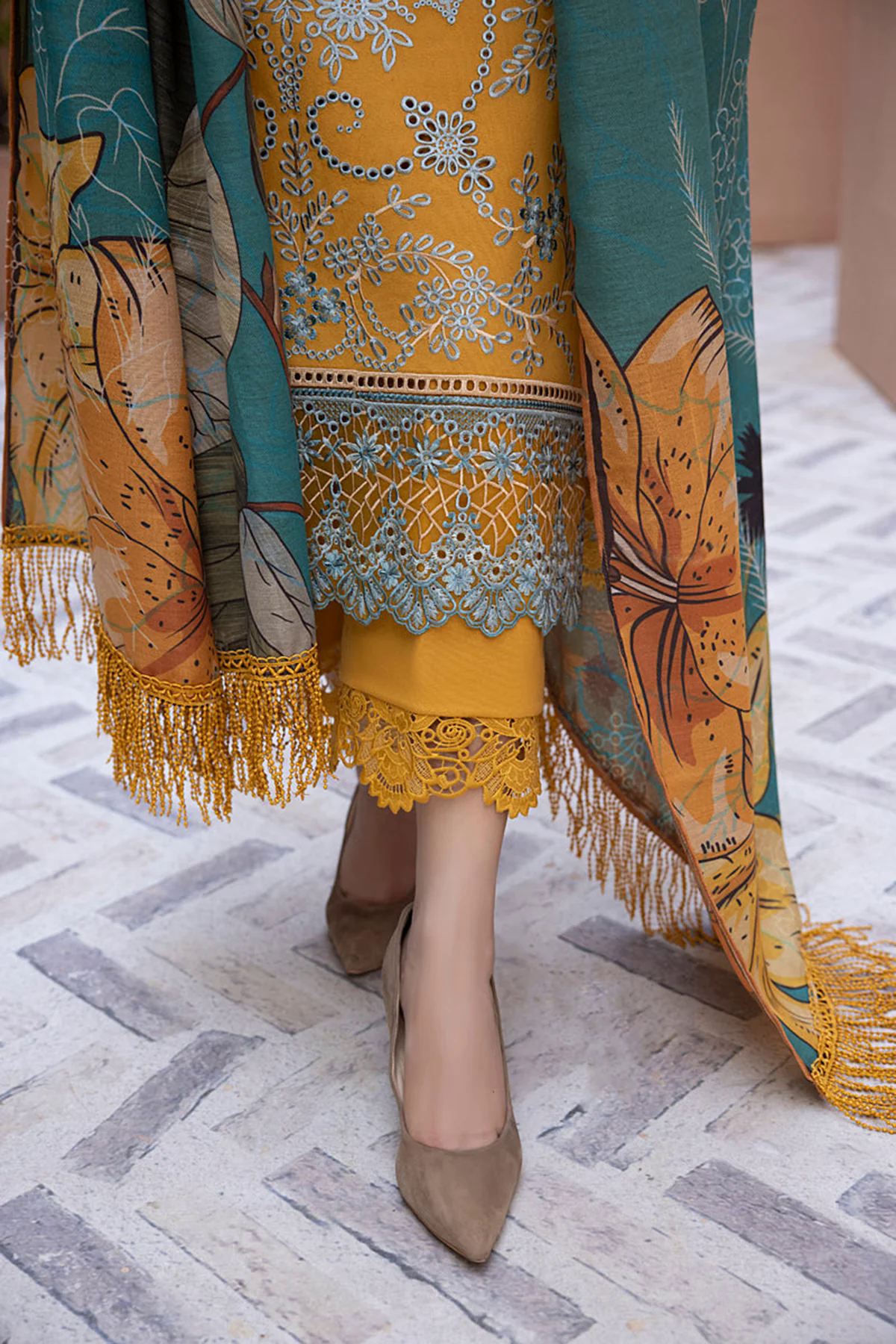 Winter 3PC Embroidered Dhanak with Printed Shawl - GA1785