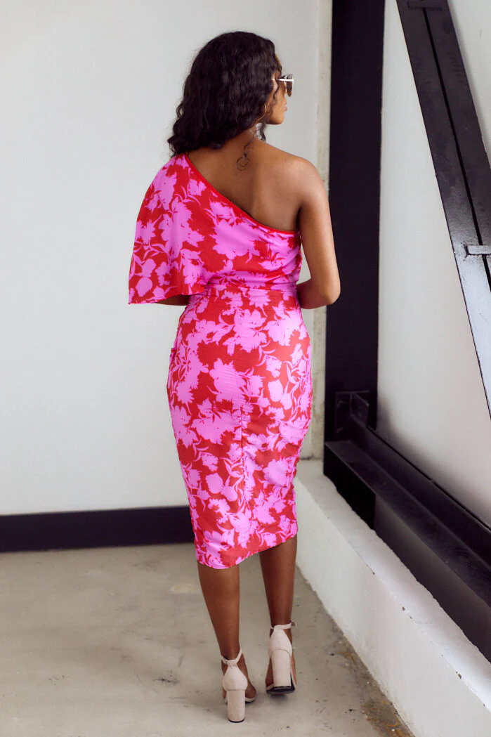 Veronica One Shoulder Floral Print Midi Dress