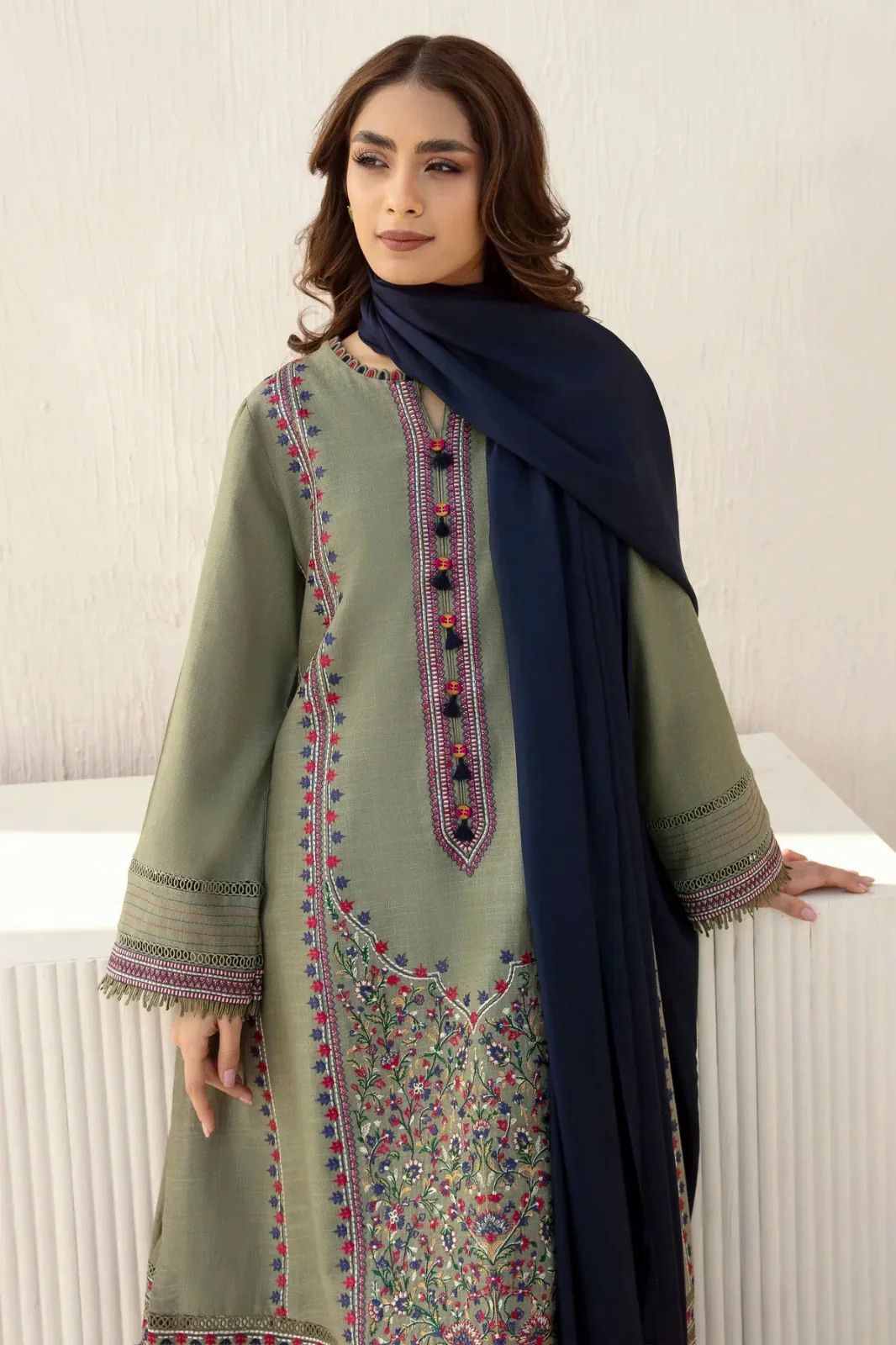 3PC Embroidered Dhanak with  Shawl - GA1796