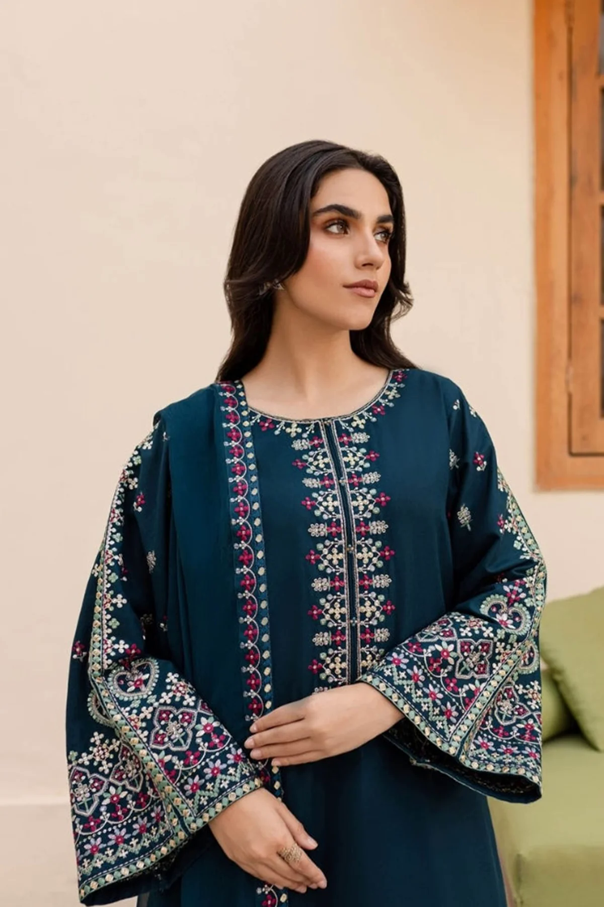 Batik Embroidered Lawn 3pc with Embroidered Chiffon Dupatta- GA2029