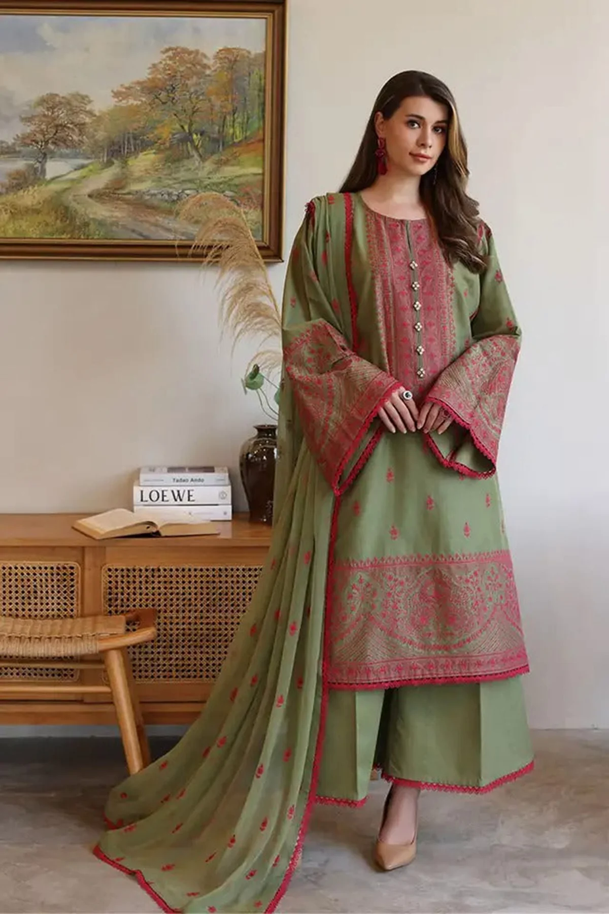 Embroidered Lawn 3pc with Embroidered Chiffon Dupatta- GA2023