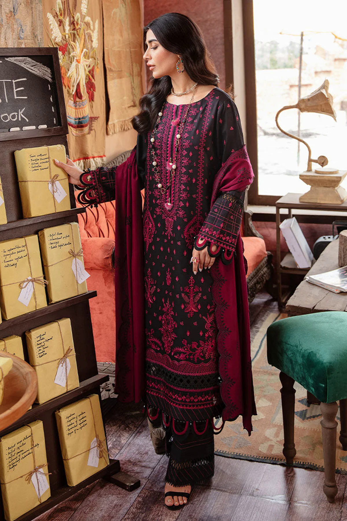 3PC Embroidered Dhanak with Embroidered Dhanak Shawl - GA1762