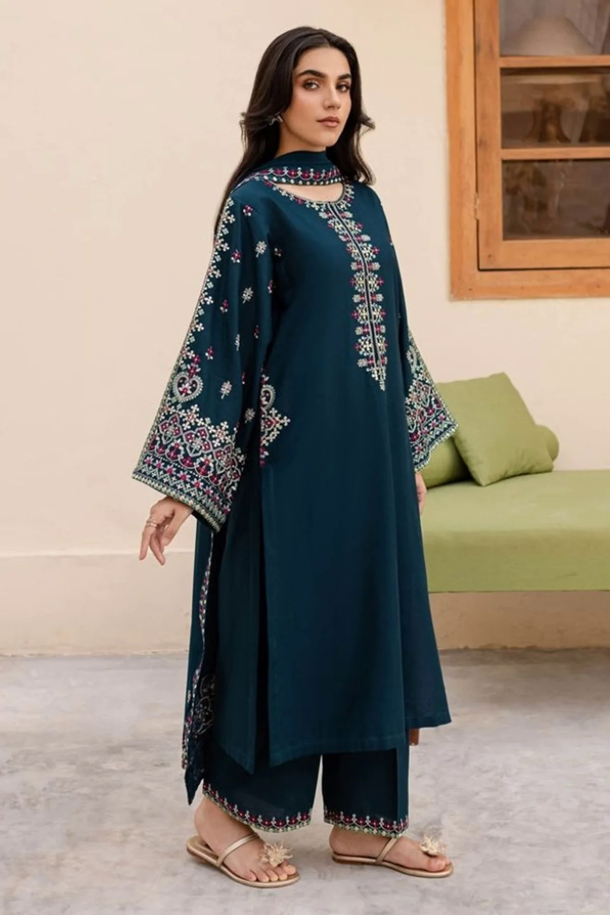 Batik Embroidered Lawn 3pc with Embroidered Chiffon Dupatta- GA2029