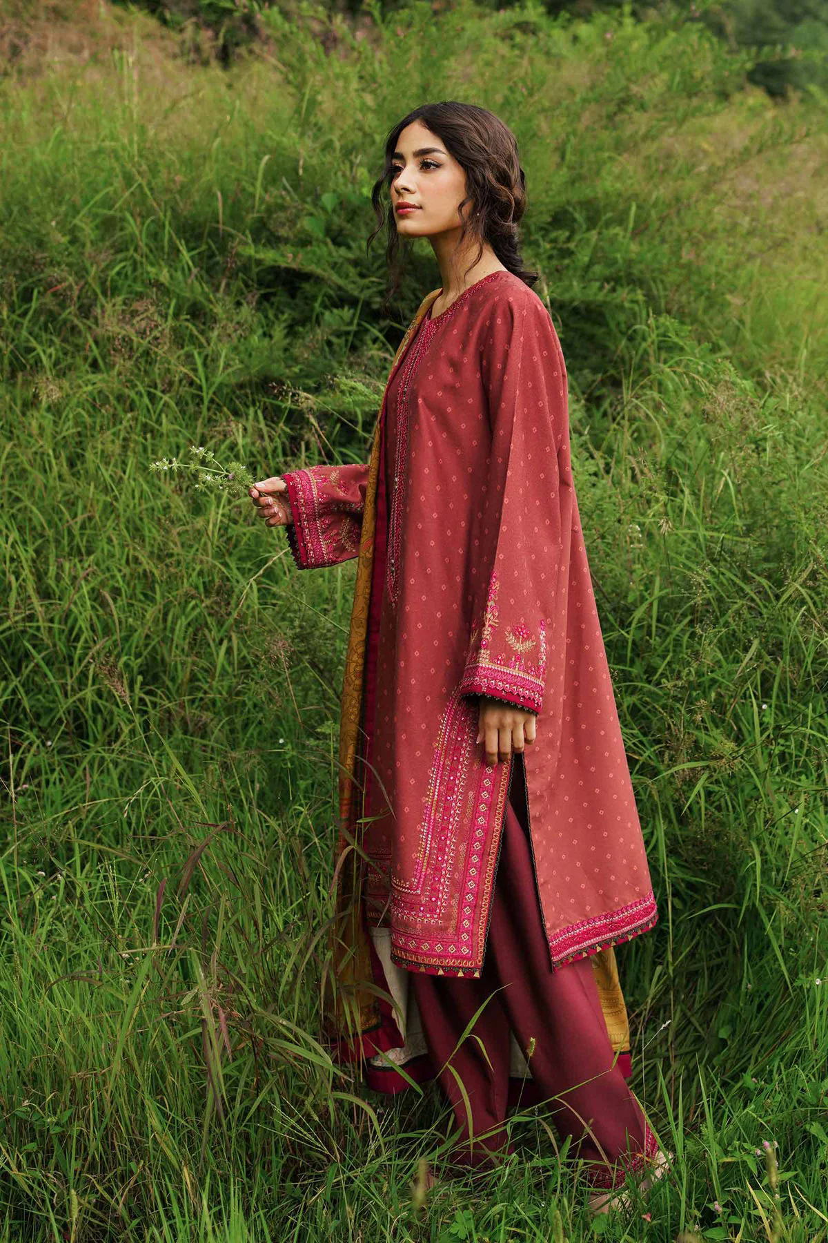 3PC Embroidered Linen with Embroidered Whool Shawl - GA1757