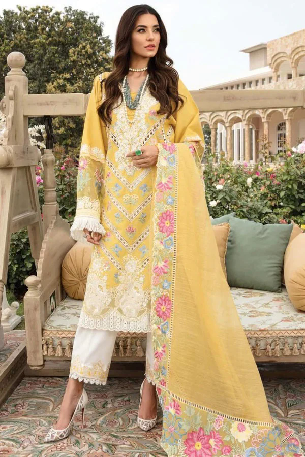 Crimson Yellow Embroidered Lawn 3pc with Embroidered Slub Net dupatta-GA2020
