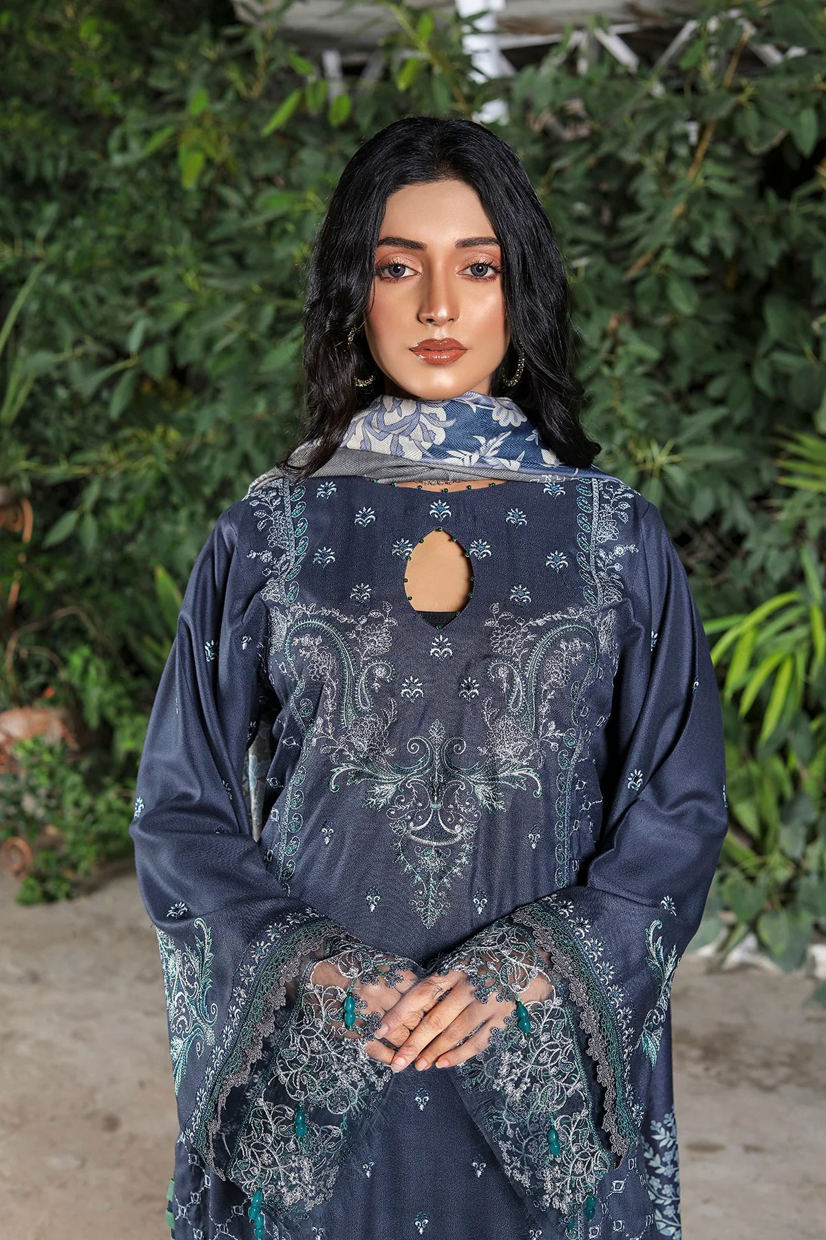 Samoan Embroidered Dhanak 3Pc With Printed Shawal -GA1926 Samoan Embroidered Dhanak 3Pc With Printed Shawal -GA1926