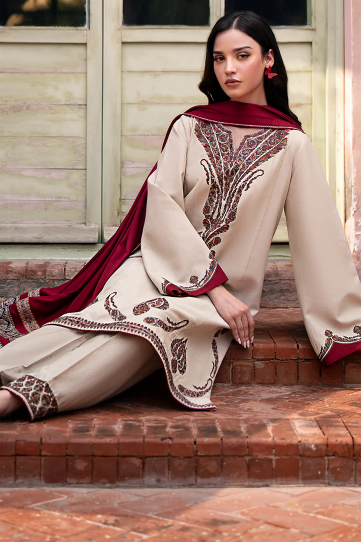 Embroidered Dhanak 3pc with Whool Shawal- GA1972