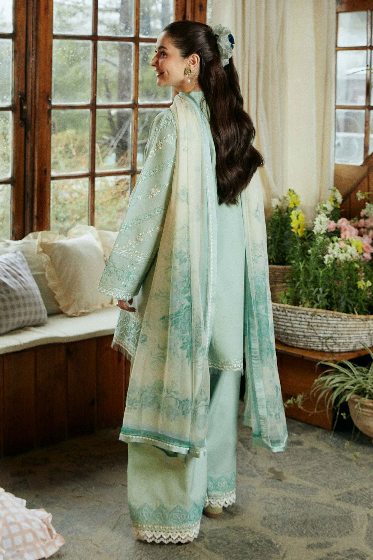 Embroidered Lawn 3pc with Printed Slub Net Dupatta- GA1908