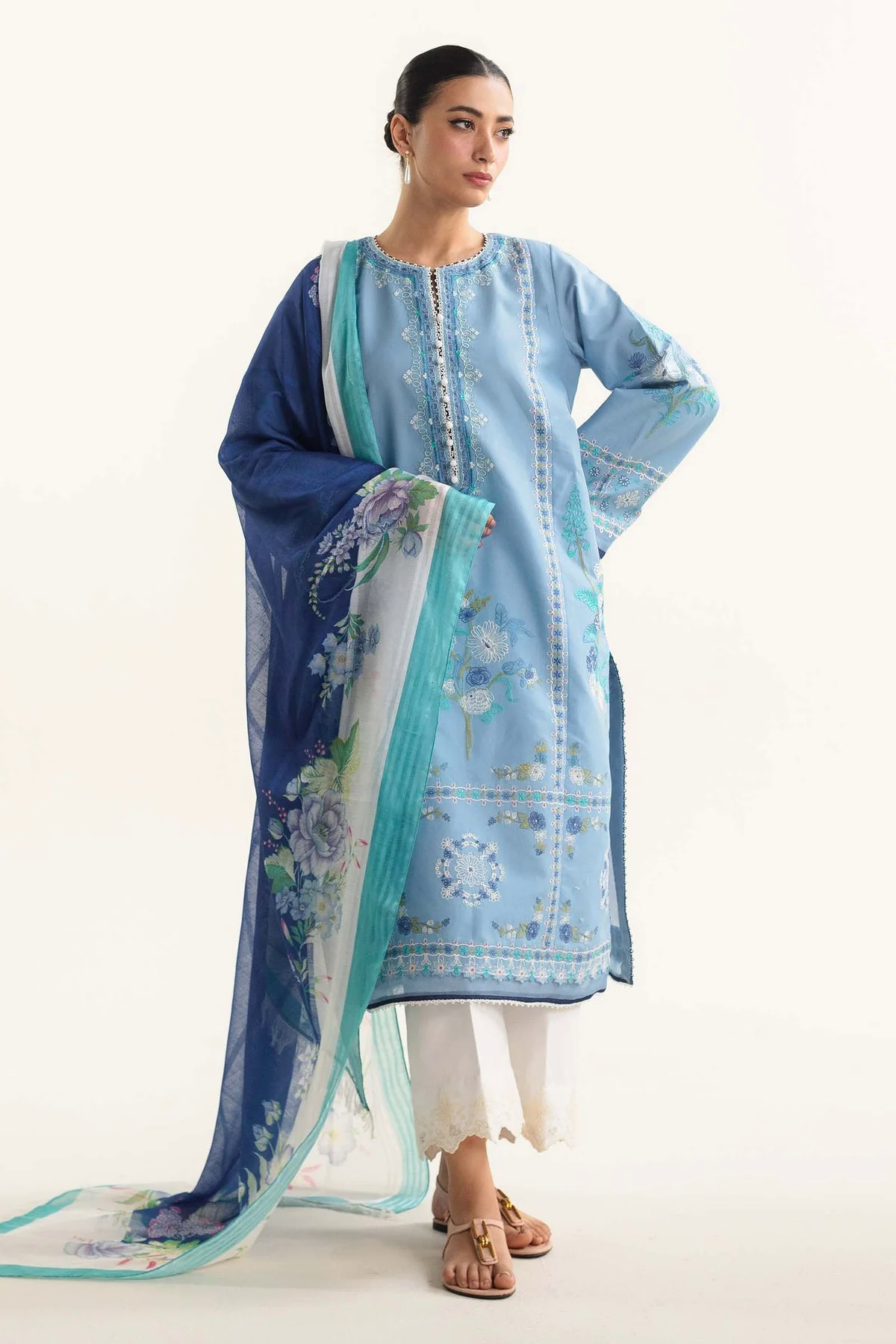 Embroidered Lawn 3pc with Printed Slub Net Dupatta- GA1907